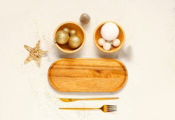 Beautiful table setting with Christmas decorations on white background