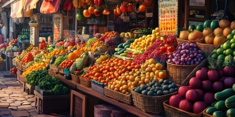 A bustling fruit market with vibrant colors and overflowing baskets.