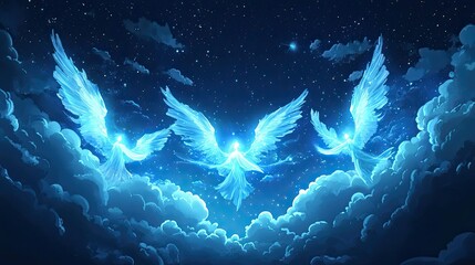 Three Glowing Angels with Wings Spread in a Night Sky with Stars and Clouds