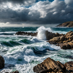Fototapeta premium Rocky Shoreline with Crashing Waves