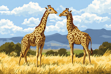 Obraz premium Two giraffes standing in a grassy landscape under a blue sky with clouds.