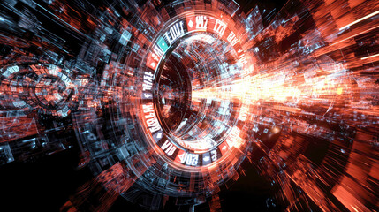 Fototapeta premium Abstract digital tunnel with vibrant lights and numbers, suggesting speed and technology.