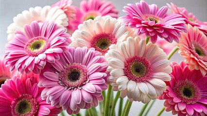 Pink and white Gerbera flowers on clear background in wide-angle shot