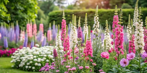 Obraz premium Pink and white verbascum flowers blooming in summer garden by roses and salvia Perennial plants grow on flowerbed Wide-Angle