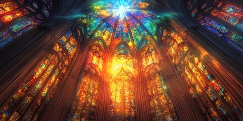Fototapeta premium Stained glass window, sunbeams, cathedral interior.