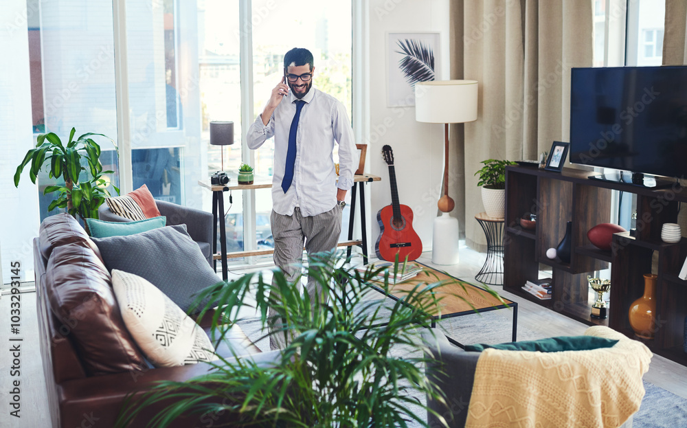 Poster after work, phone call and smile of businessman in home living room for communication or networking.