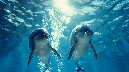 Obraz premium High-definition underwater view of dolphins spinning and flipping in the bright blue ocean, bubbles and sunlight enhancing their joyful energy