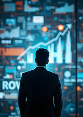 A businessman views a visual display combining business concepts with artistic vision for personal and corporate growth and success.