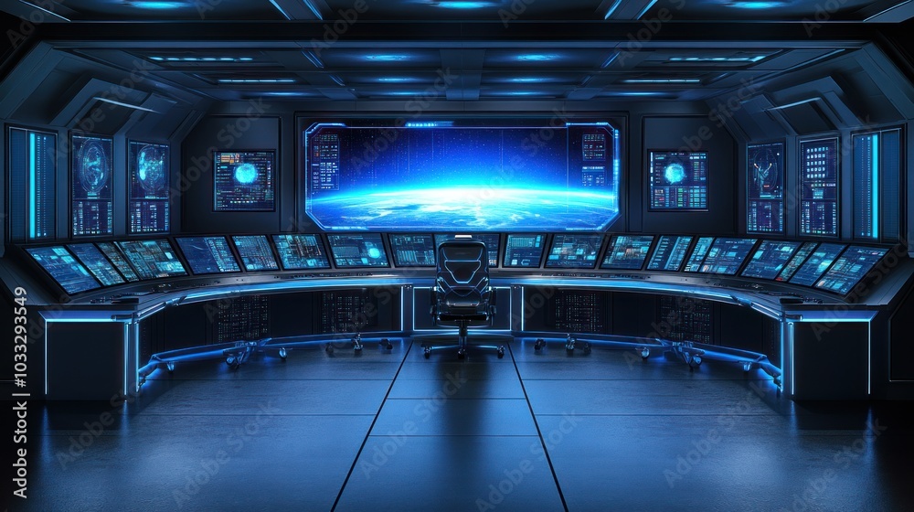 Poster futuristic spaceship control room with earth view