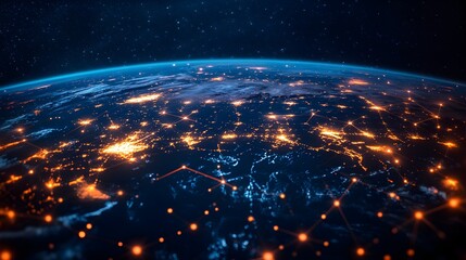 Illuminated city grid from above with glowing digital connections stretching across a world map, representing the global IT market, Sci-fi, Digital Art, Neon Glow, High-tech