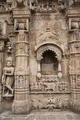 Carving details on the outer wall of Trishund Ganapati Temple, Pune, Maharshtra, India