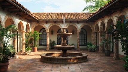 Obraz premium Serene courtyard with a central fountain and lush greenery