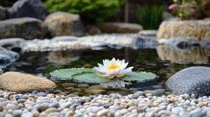 Beautiful water lily on a tranquil pond surrounded by stones and pebbles