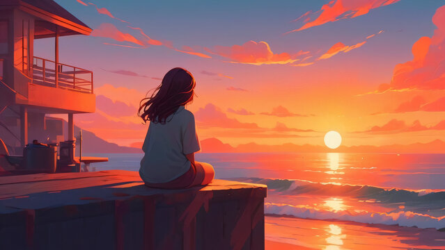 Girl gazes at ocean under vivid sunset sky 2D cartoon illustration. Evening solitude seascape lofi wallpaper background lo-fi art. Coastal sun reflection flat image cozy chill vibe