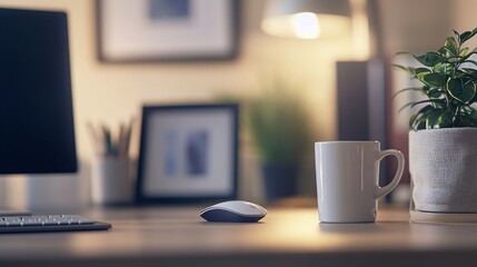 Minimalist Home Office Setup with Coffee and Plant