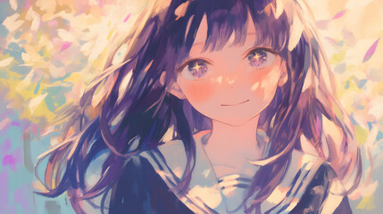 A delicate anime-style portrait of a high school girl with soft purple hair and large expressive eyes