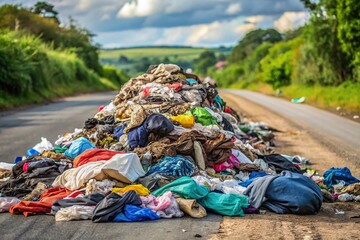 Pile of clothing trash plastic and organic along road