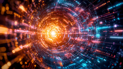 Abstract digital vortex with glowing lights and data patterns.