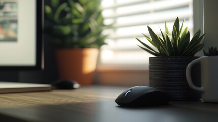 Fototapeta premium Minimalist Home Office Desk Setup with Plants and Natural Light