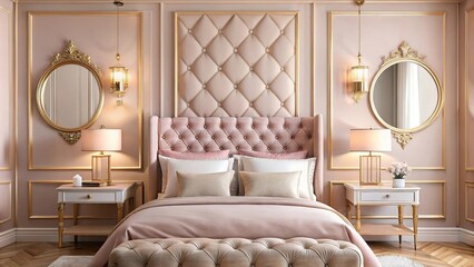 blush pink wall with gold framed mirrors and tufted headboard