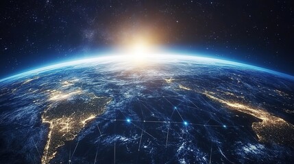 Obraz premium Digital world map representing global communication and blockchain economy.