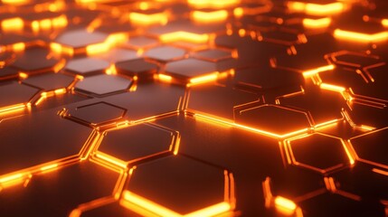 Obraz premium Close up of glowing hexagonal patterns with orange light and dark surface