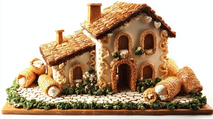 Intricate gingerbread house decorated with sweets and treats