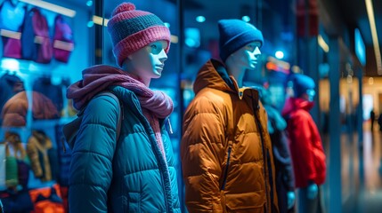 Fototapeta premium A boutique window display showcasing mannequins dressed in a variety of warm outerwear, jackets, coats, complemented by knitted hats, winter fashion collection, shopping season. Background copy space