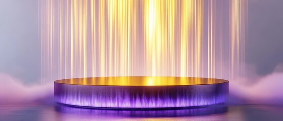 Floating purple and gold podium with cascading light beams, surrounded by mist, exuding mystique and grandeur, ideal for highend brands