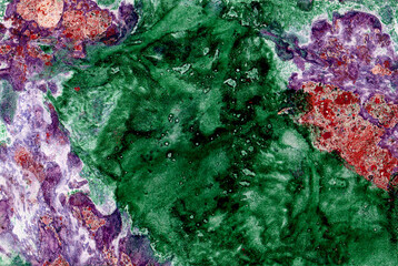 Abstract texture background. In the center is a large emerald green spot. Small purple and orange spots around. White lumens. Marble effects. Chaotic spots and blurs. Dynamics. Psychedelic