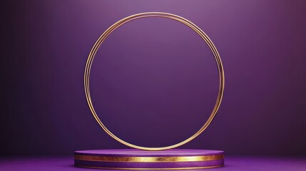 Obraz premium Artistic purple podium with gold geometric shapes, suspended in a dark void, luxury minimalist concept for premium product displays