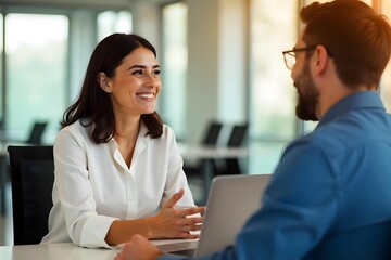 Busy happy business woman professional bank manager lawyer attorney consulting client on finances management. Female executive speaking to colleague working at office corporate meeting.
