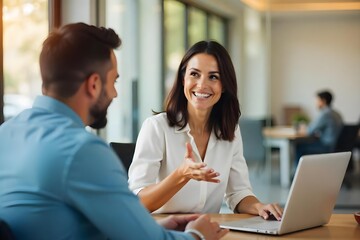 Busy happy business woman professional bank manager lawyer attorney consulting client on finances management. Female executive speaking to colleague working at office corporate meeting.