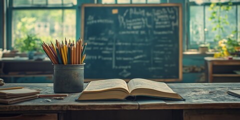 Quiet classroom with open book and colorful pencils on wooden desk in natural morning light