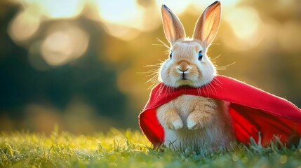 Rabbit Superhero with Flowing Cape in Nature