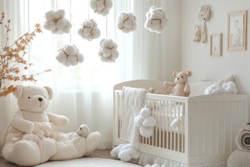 Stylish scandinavian newborn baby room with toys, plush animal, photo camera and child accessories. Cozy decoration and hanging cotton balls on the white wall. Copy, Generative AI