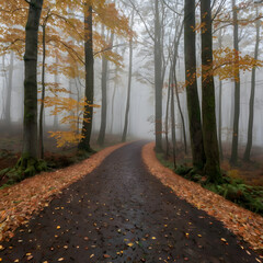 Obraz premium Foggy Forest Path with Autumn Leaves
