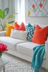 Bright and cozy living room with a white sofa, colorful pillows, and playful decor elements. A large window and minimalist lighting create a serene and inviting, Generative AI