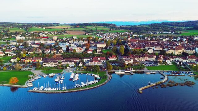 Murten Switzerland from above from a drone flying over the lake.