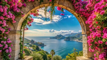 Picturesque Amalfi Coast landscape surrounded by pink flowers and archway overlooking sea