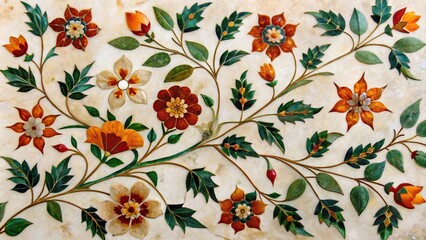 Pietra dura terracotta blooms on marble surface with warm reflections