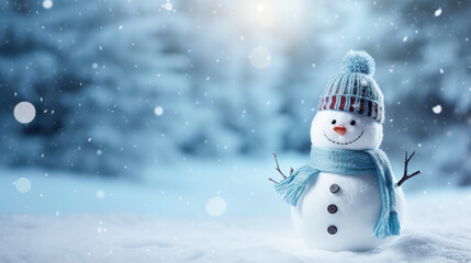 Happy snowman standing in Christmas landscape with copy space. Generative Ai.