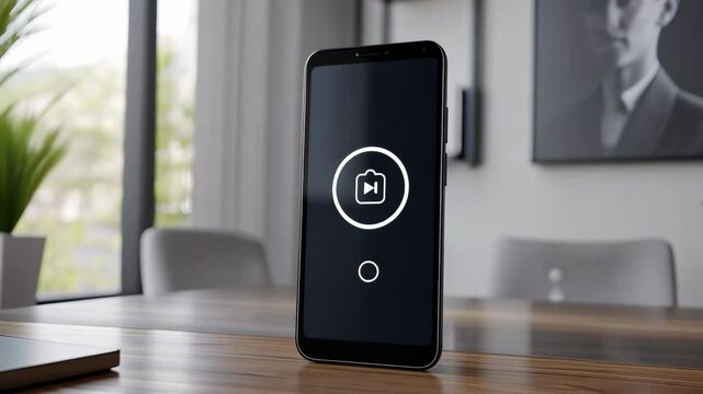 A smartphone with a video camera icon on the screen is sitting on a wooden table in a room