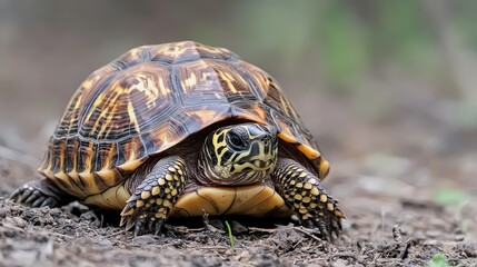 Obraz premium Close up of a Box Turtle on the Ground with Vibrant Colors and Depth of Field