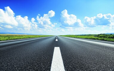 Fototapeta premium A straight road stretches into the horizon under a blue sky with fluffy clouds, symbolizing journey and freedom.