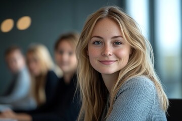 Fototapeta premium Female professional sitting in a boardroom with her team in the background, Generative AI