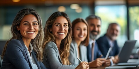 Business women and men join forces in the boardroom to drive success at our marketing agency, Generative AI