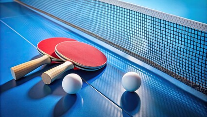 Ping pong rackets and balls on blue table with net, wide angle shot