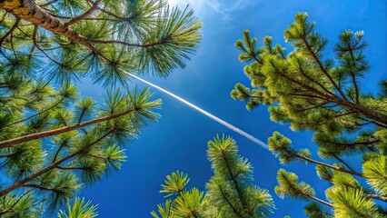 Fototapeta premium Pine tree stands out in blue sky seen from below airplane trail