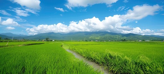 Fototapeta premium A wide view of green rice fields under a blue sky and white clouds, with mountains in the background